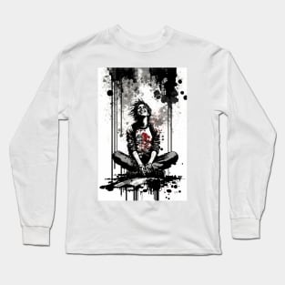 Dejected Man Sitting on The Sidwalk Laughing Maniacally Long Sleeve T-Shirt